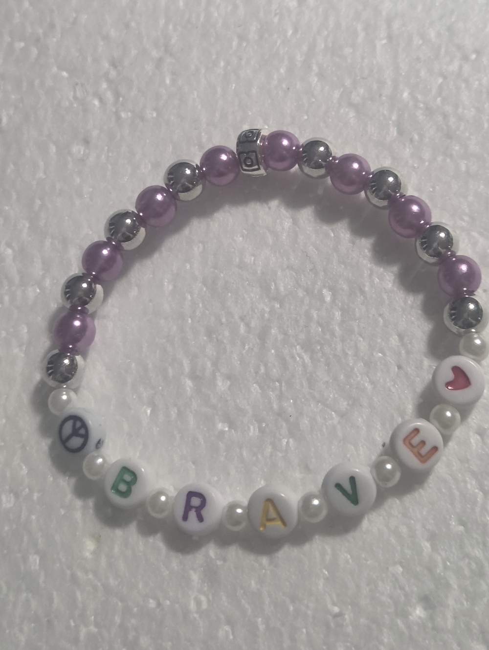 Handcrafted Kids 'BRAVE' Beaded Stretch Bracelet - Purple & Silver